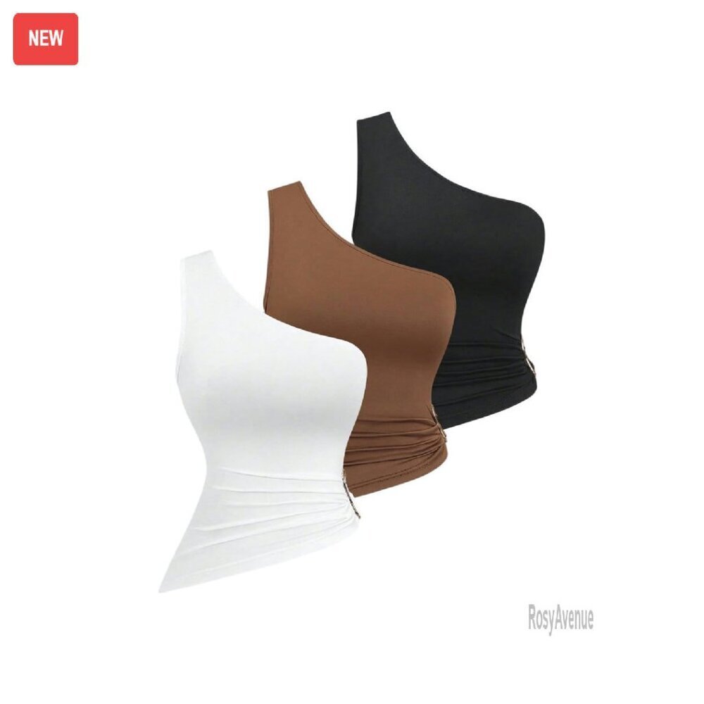 One Shoulder Ruched Tank Tops 3 Pack Asymmetrical Sleeveless Slim Fit
